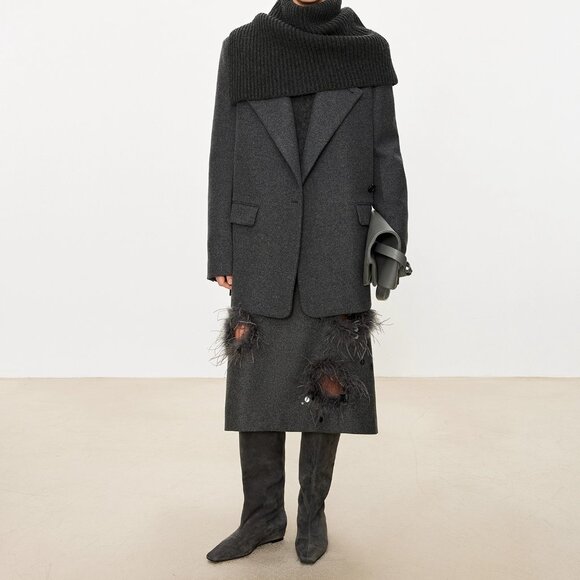 CHICJOC Ostrich Feather Embellished Wool Midi Skirt Luxury Handcrafted Appliqué - Picture 10 of 14